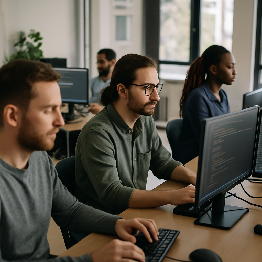 software developers working at computers office